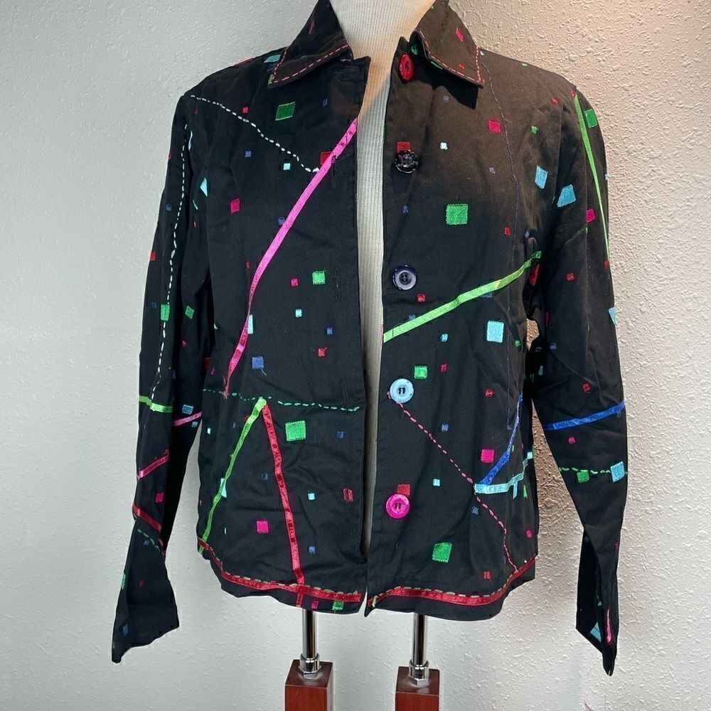 NWT Passports Womens Button Down Black and Colorful Jacket Size L